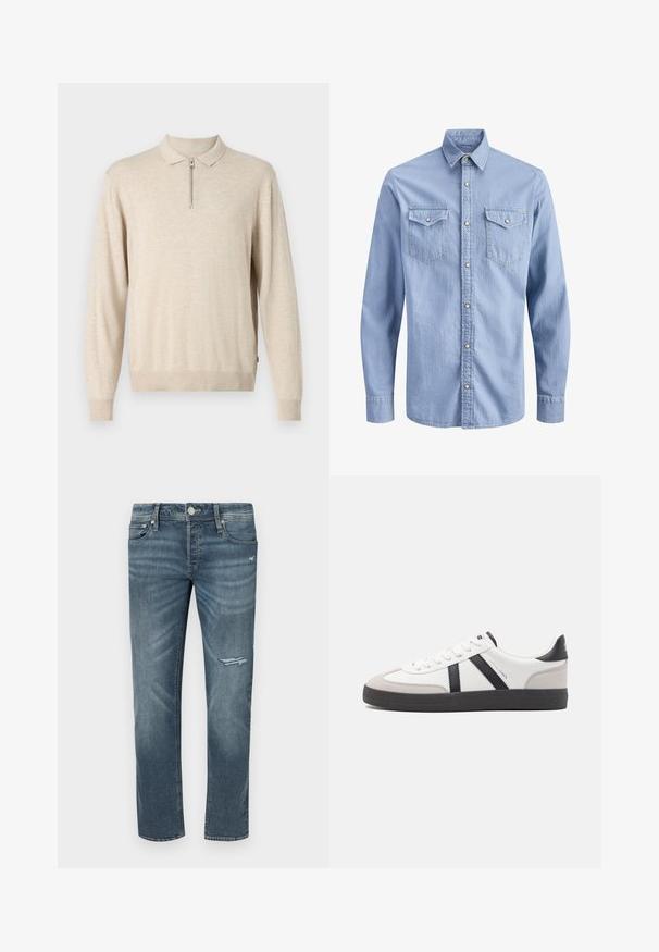 Pull-over beige à manches longues avec un col et une fermeture éclair. Fabriqué en matériau doux avec des poignets et un ourlet côtelés.; Chemise en denim bleu clair à manches longues avec boutons-pressions, col pointu et deux poches poitrine à rabat avec fermetures à bouton.; Jean en denim bleu foncé à coupe droite, avec un détail usé au genou, cinq poches et surpiqûres contrastantes. Fermeture classique par bouton et braguette zippée.; Baskets blanches avec des accents noirs et gris, présentant un embout texturé gris, une semelle en caoutchouc noir et des lacets plats blancs. Design épuré, style minimaliste.