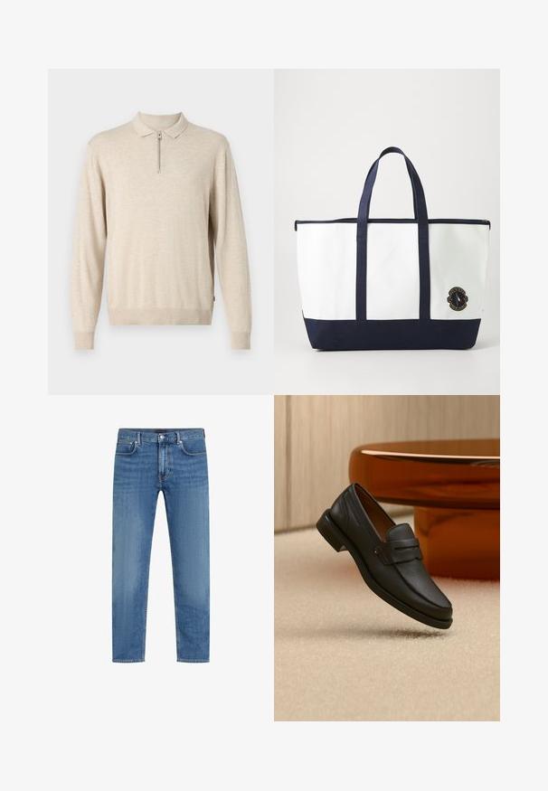 Pull-over beige à manches longues avec un col et une fermeture éclair. Fabriqué en matériau doux avec des poignets et un ourlet côtelés.; Jean en denim droit bleu avec cinq poches, fermeture à bouton et glissière, et un léger délavage sur les cuisses.; Mocassin homme en cuir noir avec une bande sur le dessus, présenté sur un tapis beige près d'une table ronde moderne marron.; Sac fourre-tout en toile blanche avec des accents bleu marine. Dispose de deux poignées robustes et d'un écusson logo à l'avant. Forme rectangulaire.