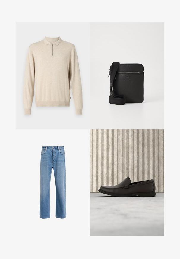 Beige langermet pullover med krave og lynlås. Lavet af blødt materiale med ribbede manchetter og kant.; Lyseblå denim jeans med lige ben-design, fem lommer, knaplukning, minimal falming og kontraststingdetaljer.; Mørkebrun lædersko med elastik og hvid gummisål samt syninger, vist fra siden på en neutral baggrund.; Sort læder crossbody taske med en tekstureret overflade, lynlåslomme foran og en justerbar stofrem. Enkel firkantet design.