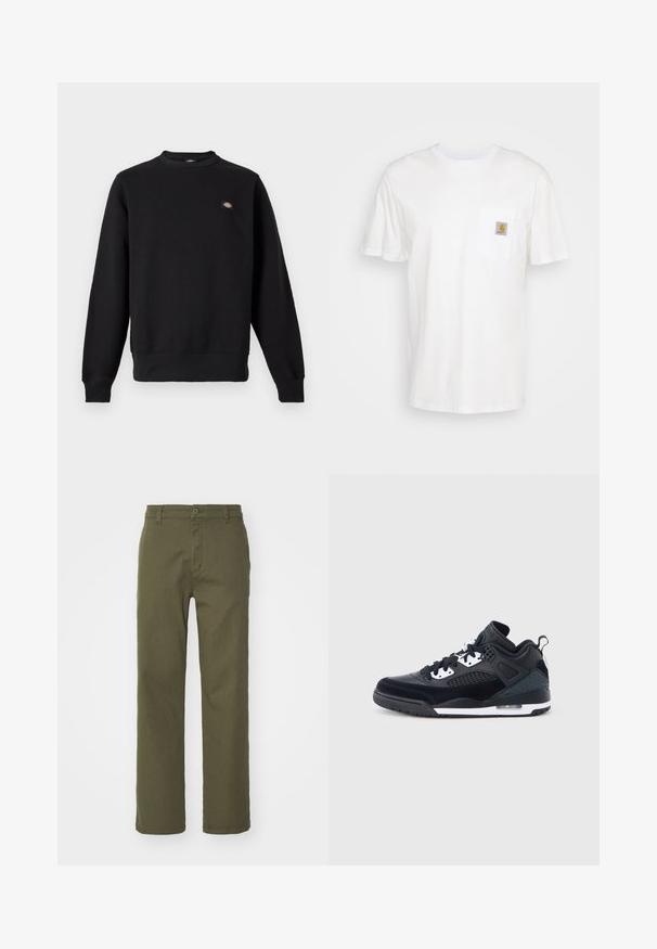 Sort crewneck-sweatshirt med lange ærmer, ribstrikkede manchetter og kant samt et lille rektangulært logo på venstre bryst.; Hvid bomulds T-shirt med korte ærmer, en brystlomme, og et lille firkantet logo patch i orange og hvid på lommen.; Olivenfarvede bukser med lige bendesign, knap- og lynlåslukning samt sidelommer. Stoffet ser glat ud med en let tekstur.; Sort/hvid atletiksko med en kombination af læder og mesh-materialer, polstret krave, perforerede sidepaneler og en synlig luftenhed.