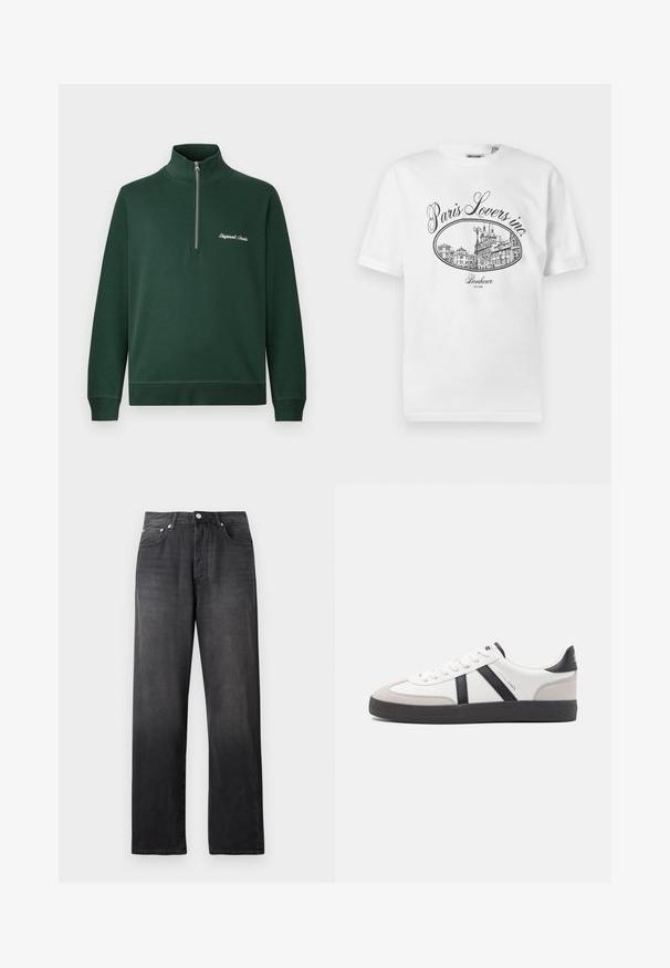Mørkegrøn langærmet pullover med høj krave og halv lynlås. Har broderet tekst på venstre bryst. Glat stofstruktur.; Hvid bomulds-T-shirt med et sort illustrativt tryk af en pariserbybillede med teksten "Paris Lovers inc." og "Bonheur EST.1992."; Sorte, højtaljede straight-leg jeans med frontknap og lynlås, to forlommer og diskrete falmede detaljer.; Hvide sneakers med sorte og grå detaljer, med en tekstureret grå tåhætte, sort gummisål og flade hvide snørebånd. Rent design, minimalistisk stil.