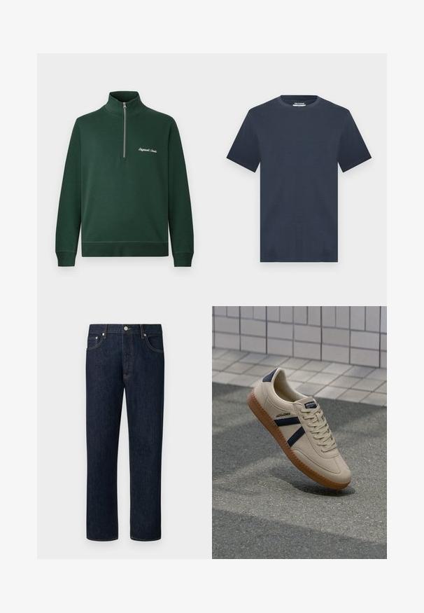 Mørkegrøn langærmet pullover med høj krave og halv lynlås. Har broderet tekst på venstre bryst. Glat stofstruktur.; Marineblå T-shirt med korte ærmer og rund hals i afslappet pasform, vist mod en lysegrå baggrund.; Mørkeblå jeans med lige ben, orange syning, frontknap og fem-lomme-design på en ensartet lys baggrund.; Beige sneaker med struktureret overflade, marineblå striber og gummisål. Har en polstret tunge og traditionelt snørresystem for en sikker pasform.
