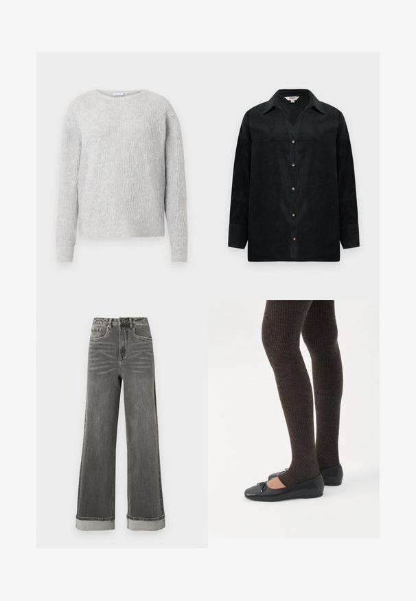 Lys grå sweater med kabelstrik mønster, rund halsudskæring og lange ærmer. Fremstillet af et blødt, tekstureret materiale.; Sort fløjlsskjorte med V-udskæring, lange ærmer, knaplukning og subtil tekstur. Har kontrasterende knapper og en afslappet pasform.; Grå denimjeans med vide ben, høj talje, fem lommer og opbukket kant. Stoffet har en let slidte struktur med synlige syninger.; Ben iført mørke ribbede leggings kombineret med sorte balletsko med små sløjfedetaljer på hvid baggrund.