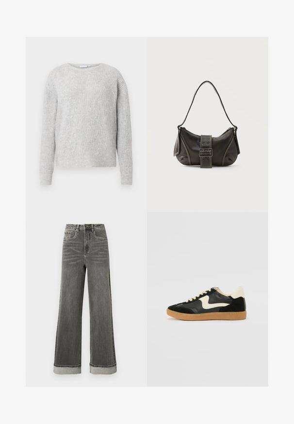 Lys grå sweater med kabelstrik mønster, rund halsudskæring og lange ærmer. Fremstillet af et blødt, tekstureret materiale.; Grå denimjeans med vide ben, høj talje, fem lommer og opbukket kant. Stoffet har en let slidte struktur med synlige syninger.; Sorte ruskinds- og lædersneakers med en cremefarvet side-swoosh og lys cremefarvet hæl. Har beige snørebånd og en gummirubber-sål.; Sort læder skuldertaske med spænde på remmen, afrundede kanter og kontrasterende hvide syninger på en ensfarvet baggrund.