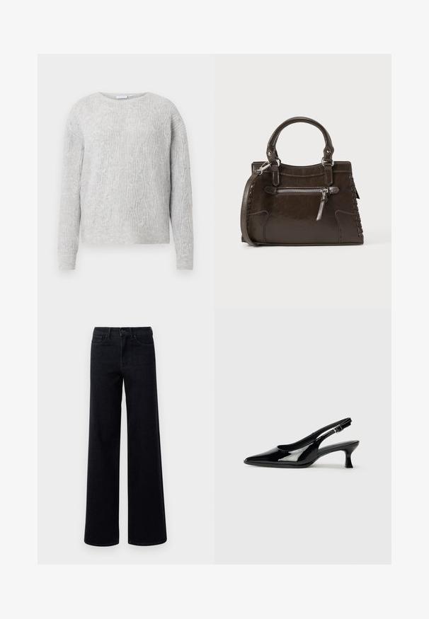 Lys grå sweater med kabelstrik mønster, rund halsudskæring og lange ærmer. Fremstillet af et blødt, tekstureret materiale.; Bredde ben sorte denim jeans med høj talje, der har standardlommer og knaplukning. Glat tekstur med en let stræk.; Sorte patenterede slingback-sko med spidse tæer og lav blokhæl. Justerbar spænde-rem ved anklen.; Brun læderhåndtaske med top-håndtag, lynlåslomme foran og vævede detaljer på siderne. Glat tekstur og struktureret form.