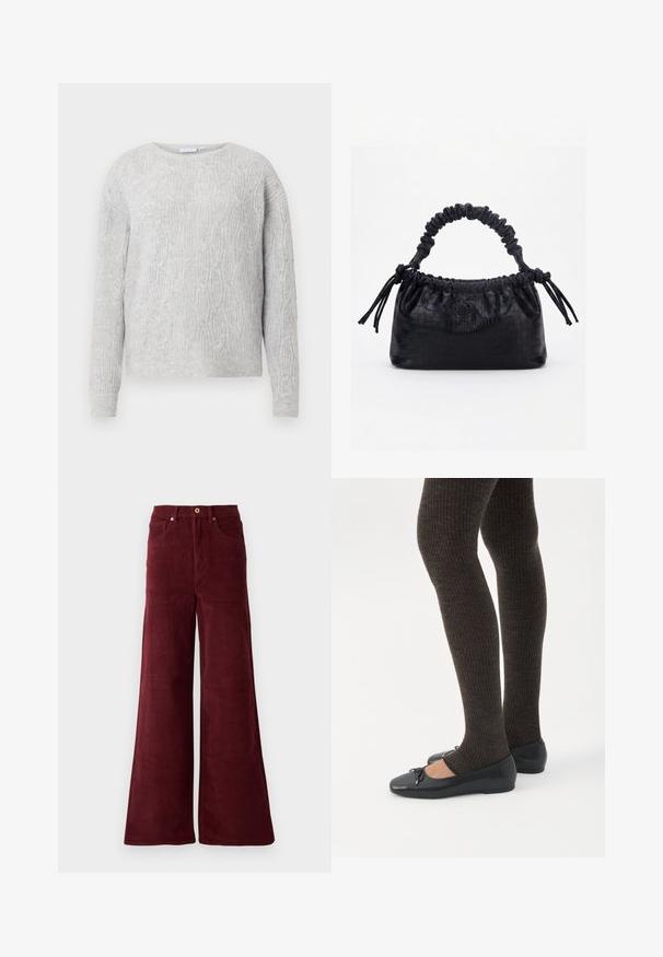Lichtgrijze trui met een kabelbreipatroon, ronde halslijn en lange mouwen. Gemaakt van een zachte, gestructureerde stof.; Burgundy wijde corduroy broek met hoge taille, voorzakken en een knoopsluiting. Geweven ribstof over de gehele lengte.; Benen met donkere geribbelde leggings gecombineerd met zwarte ballerina's met kleine strikdetails op een witte achtergrond.; Zwarte handtas met krokodillenstructuur, geplooide bovenrand, samengevoerde handgreep en koordtassels aan elke kant tegen een witte achtergrond.