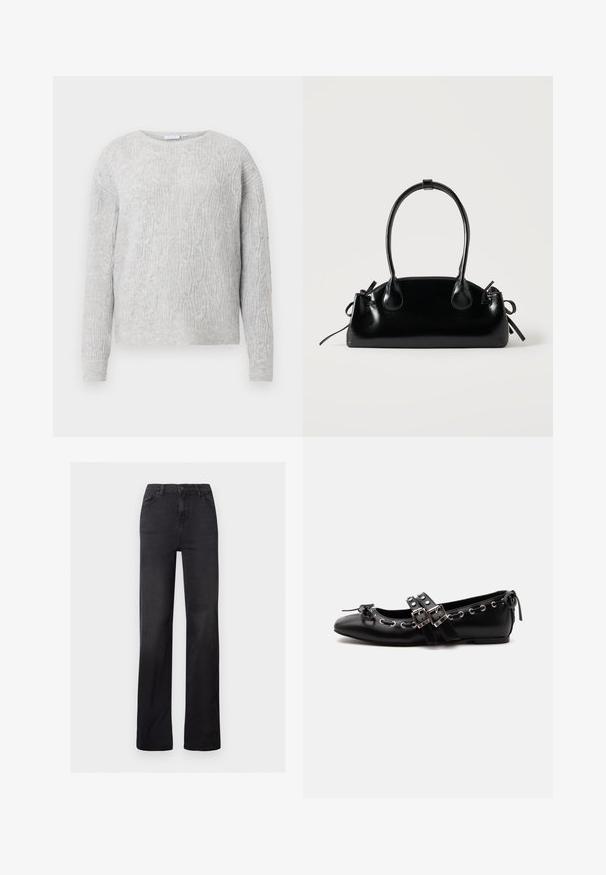 Lys grå sweater med kabelstrik mønster, rund halsudskæring og lange ærmer. Fremstillet af et blødt, tekstureret materiale.; Sorte denim straight-leg jeans med høj talje, fem-lomme design og synlig syning. Glat tekstur med en let falmet finish.; Sort flad balletsko med dobbelt spænde, sølvøjer og en lille sløjfe nær den runde tå på en hvid baggrund.; Lille sort blank håndtaske med to lange håndtag og snøre-detaljer i siden på en ensfarvet lys baggrund.