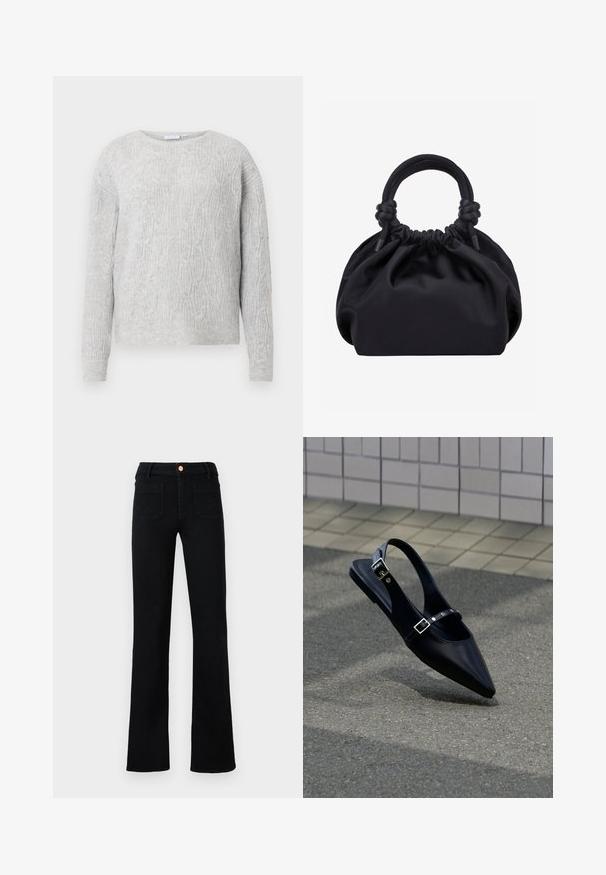 Lys grå sweater med kabelstrik mønster, rund halsudskæring og lange ærmer. Fremstillet af et blødt, tekstureret materiale.; Sorte højtaljede lige ben jeans med frontlomme og kobberknaplukning på en neutral baggrund.; Sort flad slingback med spids tå og dobbelte spænder, hvilende på grå asfalt nær flisevæg.; Sort blød stofhåndtaske med samlet top og afrundede håndtag knyttet ved bunden mod en ensartet lys baggrund.
