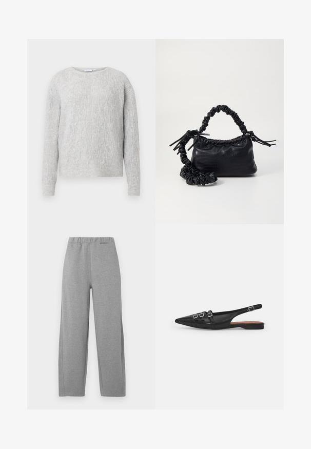 Suéter gris claro con patrón de punto trenzado, escote redondo y mangas largas. Hecho de un material suave y texturizado.; Pantalones deportivos gris claro con un ajuste relajado, cintura elástica y detalles en las costuras laterales. Hechos de material suave y transpirable. Diseño sencillo.; Zapato plano slingback de cuero negro con puntera puntiaguda, que presenta dos correas horizontales y hebillas plateadas cuadradas, tacón bajo y textura suave.; Bolso de mano de imitación cuero negro con textura de cocodrilo, parte superior fruncida y correa arrugada. Presenta un diseño suave y compacto.