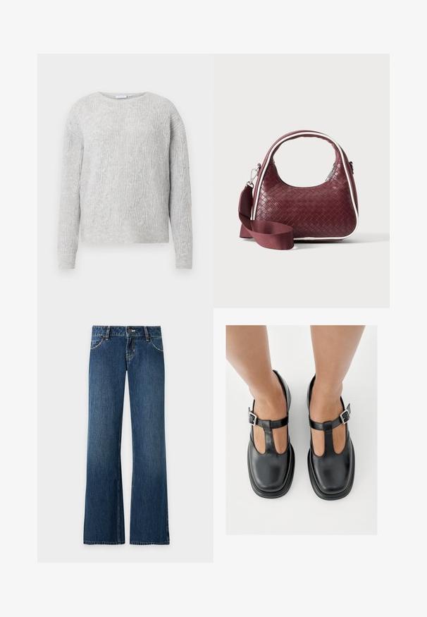 Lys grå sweater med kabelstrik mønster, rund halsudskæring og lange ærmer. Fremstillet af et blødt, tekstureret materiale.; Blå straight-leg denimjeans med forlommer, bæltestropper, knaplukning og synlige sømme på en ensfarvet lys baggrund.; Sorte lædersko med T-rem-design, lukket tå og sølvfarvede spændeaccenter. Glat tekstur med rundet tå og flad sål.; Mørkerød vævet lædertaske med buet hank, hvid kant, sølv lynlås og aftagelig bred stofskulderrem mod en ensfarvet baggrund.