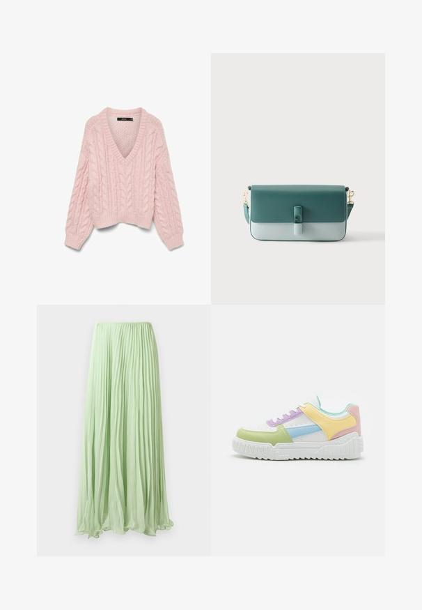 Vero Moda Knitted VMDREAM Knitted - Pullover - rose shadow; Jupe longue plissée vert clair avec un tissu fluide et une taille élastique, présentée sur un fond blanc.; Baskets multicolores avec une base blanche et des accents verts, violets, bleus, jaunes et roses. Texture lisse, design à lacets et semelle épaisse.; Sac à main rectangulaire en cuir vert bicolore avec fermeture à rabat, boucle frontale et bandoulière amovible avec attaches dorées.