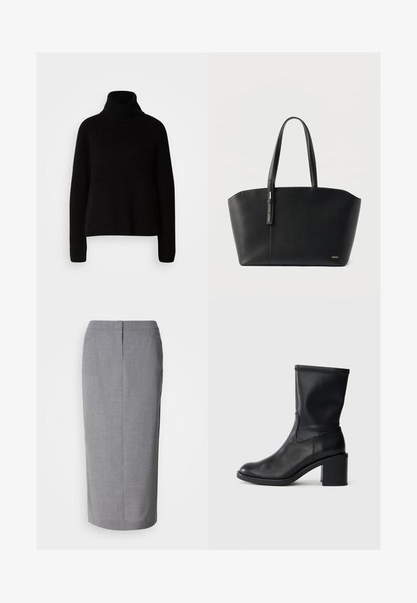Sort sweater med høj hals lavet af ribbet materiale; har lange ærmer og en afslappet pasform, som fremhæver et simpelt og klassisk design.; Grå blyantskirt lavet af struktureret stof, med lige snit, bagslæb og skjult lynlås lukning bagpå.; Sort læder ankelstøvle med rund tå, glat tekstur og en grov hæl, der har et tætsiddende skaft og subtil syning.; Sort lædertaske med to håndtag og lille guld "HUGO"-logo i nederste højre hjørne, sat mod en hvid baggrund.