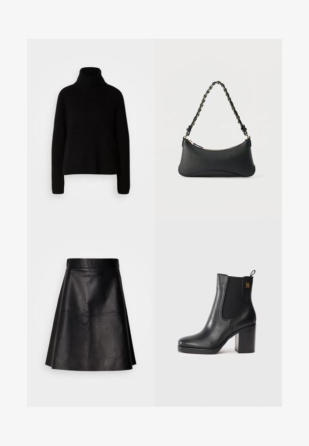 Sort sweater med høj hals lavet af ribbet materiale; har lange ærmer og en afslappet pasform, som fremhæver et simpelt og klassisk design.; Sort lædernederdel i A-form med en glat tekstur og synlige sømme. Designet har en talje og en udvidet kant.; Sorte læder ankelstøvle med blokhæl, elastisk sidesk panel, trække-løkke og lille guldlogo på den øverste side.; Sort skuldertaske i læder med en buet rektangulær form, gyldent kæde vævet ind i en flettet sort rem og toplynlås.