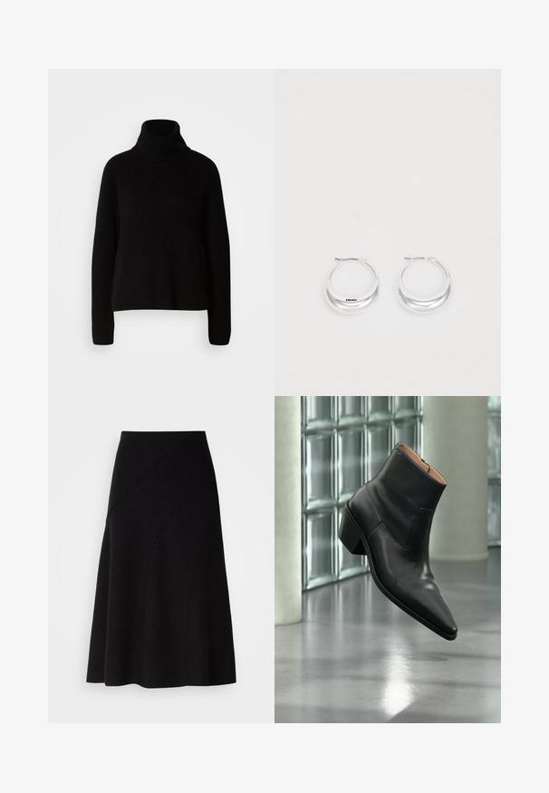 Sort sweater med høj hals lavet af ribbet materiale; har lange ærmer og en afslappet pasform, som fremhæver et simpelt og klassisk design.; Sort uld A-line nederdel med mellem høj talje, der har diagonale sømdetaljer og en glat tekstur, der falder lige under knæet.; Sort læderankelstøvle med spids tå og blokhæl, der svæver over en reflekterende grå gulv nær en væg af glasblokke.; Sølv hoops øreringe med en poleret overflade og DKNY branding, præsenteret mod en simpel hvid baggrund.