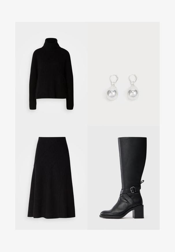 Sort sweater med høj hals lavet af ribbet materiale; har lange ærmer og en afslappet pasform, som fremhæver et simpelt og klassisk design.; Sort uld A-line nederdel med mellem høj talje, der har diagonale sømdetaljer og en glat tekstur, der falder lige under knæet.; Sort læder støvle til midt på læggen med blokhæl og dekorativ strop med sølvfarvet spænde på en enkel lys baggrund.; Sølv dråbeøreringe med glatte, runde, reflekterende overflader hængende fra svingelukkede låse. Baggrunden er helt hvid.