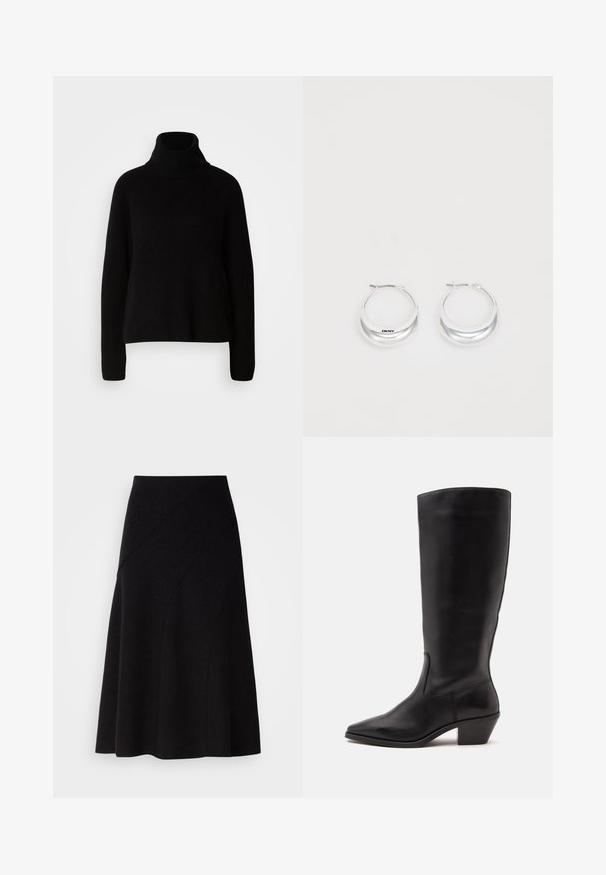Sort sweater med høj hals lavet af ribbet materiale; har lange ærmer og en afslappet pasform, som fremhæver et simpelt og klassisk design.; Sort uld A-line nederdel med mellem høj talje, der har diagonale sømdetaljer og en glat tekstur, der falder lige under knæet.; Sort læderstøvle til midtkalv med spids tå og lavt skråt hæl på en enkel lys baggrund.; Sølv hoops øreringe med en poleret overflade og DKNY branding, præsenteret mod en simpel hvid baggrund.