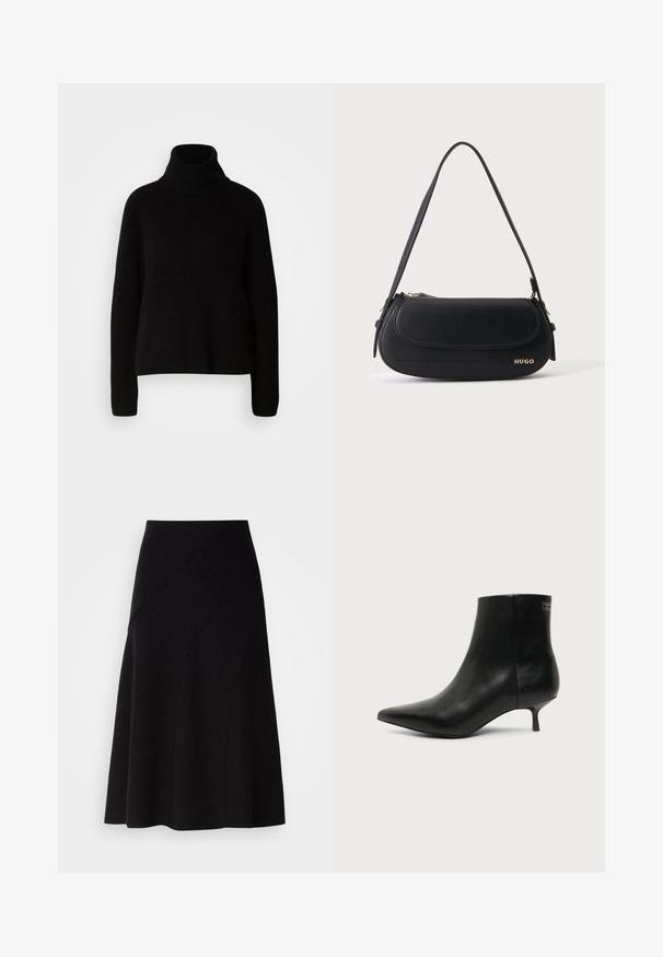 Pull à col roulé noir en matière côtelée ; doté de manches longues et d'une coupe décontractée, mettant en avant un design simple et classique.; Jupe A-line en laine noire avec une taille mi-haute, présentant des coutures diagonales et une texture lisse, tombant juste en dessous du genou.; Bottine en cuir noir avec bout pointu et petit talon kitten sur fond clair, vue côté extérieur.; Sac à épaule en cuir noir avec rabat incurvé, logo doré "HUGO" sur le devant, et une bandoulière réglable.