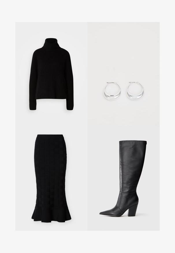 Sort sweater med høj hals lavet af ribbet materiale; har lange ærmer og en afslappet pasform, som fremhæver et simpelt og klassisk design.; Sort midi-nederdel med firkantet tekstureret mønster og flæset kant på hvid baggrund.; Sort læderknehøj støvle med spids tå og kraftig høj hæl, vist i venstre sideprofil på hvid baggrund.; Sølv hoops øreringe med en poleret overflade og DKNY branding, præsenteret mod en simpel hvid baggrund.