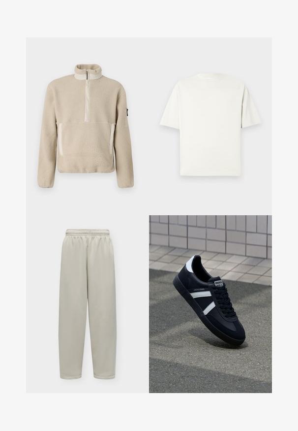 Pull en polaire beige avec un col montant, fermeture éclair sur le devant sur un quart, et deux poches avant. Tissu texturé avec des accents beiges contrastants.; T-shirt blanc uni à manches courtes et col rond avec une coupe décontractée, présenté sur un fond gris clair.; Pantalon ample beige clair avec taille élastique et jambes droites, présenté sur un fond uni clair.; Sneaker en cuir noir avec des rayures blanches, semelle en caoutchouc texturée et devant à lacets. Présente une étiquette de marque sur la languette.