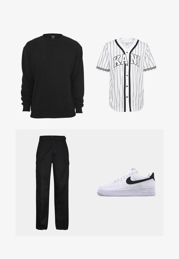 Zwarte sweater met ronde hals en lange mouwen, gemaakt van een katoenmengsel. Voorzien van geribbelde manchetten en zoom, een zachte textuur en een losse pasvorm.; Witte baseball jersey met korte mouwen en zwarte strepen, met een knoopsluiting aan de voorkant en het woord "KANI" prominent weergegeven in zwarte letters.; Zwarte cargobroek met een rechte pasvorm, voorzien van zijzakken, een knoopsluiting en elastische boorden bij de enkels. Gemaakt van duurzaam materiaal.; Witte leren sneaker met een gestructureerde zwarte Swoosh, platte veters en een rubberen zool met een geribbeld patroon. "AIR" is in de hak geperst.