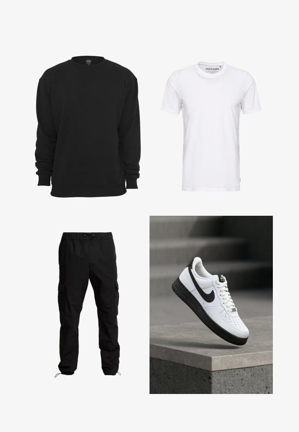 Schwarzer Sweatshirt mit Rundhalsausschnitt und langen Ärmeln, aus Baumwollmischgewebe. Verfügt über gerippte Bündchen und Saum, eine weiche Textur und eine lockere Passform.; Weißes T-Shirt mit kurzen Ärmeln aus Baumwolle, mit Rundhalsausschnitt und einem schlichten Design. Markentag im Nackenbereich sichtbar. Keine Muster oder Verzierungen.; Schwarze Cargo-Hosen aus strapazierfähigem Stoff, mit elastischem Bund, verstellbaren Kordeln und Seitentaschen mit Klappen.; Weißer Ledersneaker mit schwarzen Akzenten, abgerundetem Zehenbereich und perforierten Details. Schwarze Gummisohle mit strukturiertem Muster und Schnürverschluss.