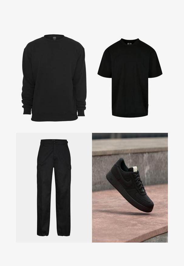 Zwarte sweater met ronde hals en lange mouwen, gemaakt van een katoenmengsel. Voorzien van geribbelde manchetten en zoom, een zachte textuur en een losse pasvorm.; Zwart T-shirt van katoen, met een ronde hals en korte mouwen in een losse pasvorm. Eenvoudig ontwerp, zonder patronen of grafische elementen.; Zwarte cargobroek met een rechte pasvorm, voorzien van zijzakken, een knoopsluiting en elastische boorden bij de enkels. Gemaakt van duurzaam materiaal.; Zwarte Nike Air Force 1 sneaker die boven een roze betonnen richel zweeft met een grijze stenen achtergrond, met zij- en bovenzijde details.