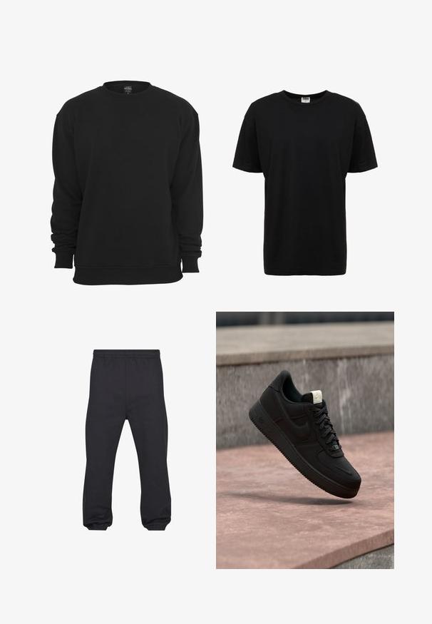 Schwarzer Sweatshirt mit Rundhalsausschnitt und langen Ärmeln, aus Baumwollmischgewebe. Verfügt über gerippte Bündchen und Saum, eine weiche Textur und eine lockere Passform.; Schwarzes Baumwoll-T-Shirt mit Rundhalsausschnitt, kurzen Ärmeln, normaler Passform, glatter Textur und ohne sichtbare Muster oder Akzente.; Schwarze Jogginghose mit elastischem Bund und elastischen Bündchen, aus weichem, glattem Stoff, flach von vorne dargestellt.; Schwarzer Nike Air Force 1 Sneaker, der über einer rosa Betonkante mit grauem Stein-Hintergrund schwebt und Seiten- sowie Oberseiten-Details zeigt.