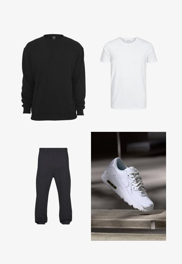 Zwarte sweater met ronde hals en lange mouwen, gemaakt van een katoenmengsel. Voorzien van geribbelde manchetten en zoom, een zachte textuur en een losse pasvorm.; Ronde hals kortemouwen t-shirt in effen wit, gemaakt van zachte katoen, heeft een eenvoudig ontwerp zonder zichtbare patronen of accenten.; Zwarte joggerbroek met elastische tailleband en elastische boorden, gemaakt van een zachte, gladde stof, vlak van voren getoond.; Witte leren sneaker met gestructureerde oppervlakken, gevoerde kraag en zichtbare luchtbescherming in de zool. Heeft veters en een minimalistisch ontwerp.