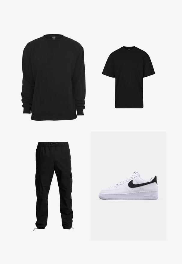 Schwarzer Sweatshirt mit Rundhalsausschnitt und langen Ärmeln, aus Baumwollmischgewebe. Verfügt über gerippte Bündchen und Saum, eine weiche Textur und eine lockere Passform.; Schwarzes T-Shirt mit kurzen Ärmeln und Rundhalsausschnitt, lockerer Passform, schlichtem Design ohne sichtbare Logos oder Muster.; Schwarze Cargo-Hosen aus strapazierfähigem Stoff, mit elastischem Bund, verstellbaren Kordeln und Seitentaschen mit Klappen.; Weißes Leder-Sneaker mit einem strukturierten schwarzen Swoosh, flachen Schnürsenkeln und einer Gummisohle mit genoppetem Muster. "AIR" ist auf der Ferse eingeprägt.