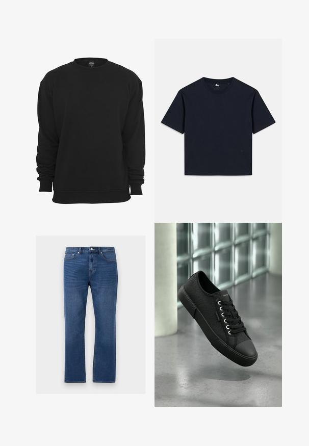 Schwarzer Sweatshirt mit Rundhalsausschnitt und langen Ärmeln, aus Baumwollmischgewebe. Verfügt über gerippte Bündchen und Saum, eine weiche Textur und eine lockere Passform.; Karinablaues T-Shirt mit kurzen Ärmeln aus Baumwolle. Rundhalsausschnitt, gerader Saum und minimale Markenkennzeichnung in der unteren linken Ecke.; Blaue Jeans mit geradem Bein, Vordertaschen, Gürtelschlaufen und Knopfverschluss auf hellgrauem Hintergrund.; Schwarzer Sneaker mit niedrigem Schaft und strukturiertem Muster, schwarzer Sohle und Schnürsenkeln, schwebt über einem polierten Betonboden in der Nähe von Glasbausteinen.