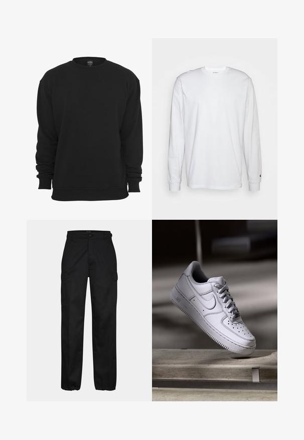 Zwarte sweater met ronde hals en lange mouwen, gemaakt van een katoenmengsel. Voorzien van geribbelde manchetten en zoom, een zachte textuur en een losse pasvorm.; Witte lange mouwen T-shirt van katoen. Ronde hals ontwerp met ribgebreide manchetten en een klein logo op de linkermouw. Gladde textuur.; Zwarte cargobroek met een rechte pasvorm, voorzien van zijzakken, een knoopsluiting en elastische boorden bij de enkels. Gemaakt van duurzaam materiaal.; Witte Nike Air Force 1 sneaker van leer met geperforeerde neus, platte veters en een gestructureerde rubberen zool met "AIR"-logo aan de zijkant.