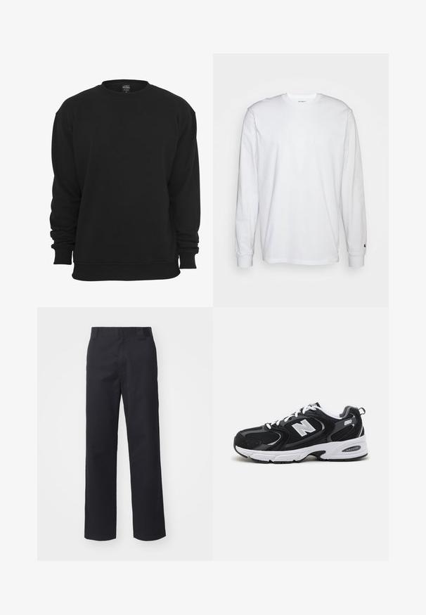 Schwarzer Sweatshirt mit Rundhalsausschnitt und langen Ärmeln, aus Baumwollmischgewebe. Verfügt über gerippte Bündchen und Saum, eine weiche Textur und eine lockere Passform.; Weißes Langarm-T-Shirt aus Baumwolle. Rundhals-Design mit gerippten Bündchen und kleinem Logo auf dem linken Ärmel. Glatte Textur.; Schwarze gerade geschnittene Hose aus einem Baumwollmischgewebe. Verfügt über einen flachen Bund mit Gürtelschlaufen und keinerlei sichtbare Hardware oder Verzierungen.; Schwarze und graue Sportschuhe mit Obermaterial aus Mesh und Wildleder, ausgestattet mit einer weißen Zwischensohle, Schnürsenkeln und einem markanten "N"-Logo an der Seite.