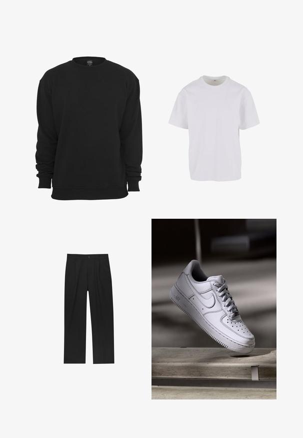 Schwarzer Sweatshirt mit Rundhalsausschnitt und langen Ärmeln, aus Baumwollmischgewebe. Verfügt über gerippte Bündchen und Saum, eine weiche Textur und eine lockere Passform.; Weißes kurzärmeliges T-Shirt aus weicher Baumwolle, mit rundem Ausschnitt und lockerer Passform sowie geradem Saum. Keine Muster oder Akzente sichtbar.; Schwarze Hose mit geradem Schnitt, aus einem glatten Stoff gefertigt. Verfügt über Vorderfalten und einen einzelnen Knopfverschluss an der Taille.; Weißer Nike Air Force 1 Sneaker aus Leder mit perforierter Zehenpartie, flachen Schnürsenkeln und strukturierter Gummisohle mit "AIR"-Branding an der Seite.