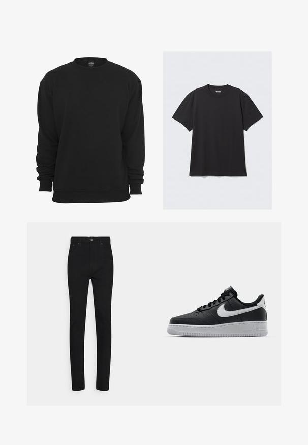 Schwarzer Sweatshirt mit Rundhalsausschnitt und langen Ärmeln, aus Baumwollmischgewebe. Verfügt über gerippte Bündchen und Saum, eine weiche Textur und eine lockere Passform.; Schwarzes T-Shirt mit kurzen Ärmeln aus Baumwolle. Hat einen Rundhalsausschnitt und eine lockere Passform. Einfaches Design ohne sichtbare Muster oder Akzente.; Schwarze Skinny-Jeans aus Denim mit hoher Taille, ausgestattet mit einem Knopfverschluss vorn und fünf Taschen. Glatte Textur und taillierte Passform.; Schwarze Ledersneaker mit strukturierten Oberflächen, weißem Nike-Swoosh, grauer Sohle, runder Zehenpartie und Schnürdesign. Verfügt über Perforationen an der Zehenbox.