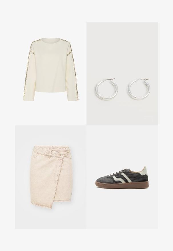 Lys cremet sweater med rund halsudskæring, lange ærmer og dekorativ brun syning langs skuldersømmene. Blød tekstur og afslappet pasform.; Beige denim miniskirt med et omviklet design, der har en knaplukning, synlige sømme og en let slidt tekstur.; Grå corduroy lav-sneaker med hvide sidestriber, beige hælflap, hvide snørebånd og brun gummisål.; Par mellemstore skinnende sølv hoops øreringe med tynde metal spænder på en lys neutral baggrund.