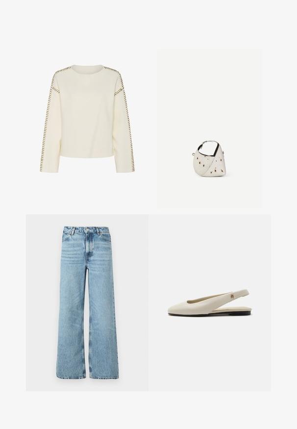 Lys cremet sweater med rund halsudskæring, lange ærmer og dekorativ brun syning langs skuldersømmene. Blød tekstur og afslappet pasform.; Lyseblå wide-leg jeans lavet af denim, med høj talje, fem-lomme design og kontraststing langs sømmene.; Flatsko i cremefarvet læder med rundet tå og lille guldemblem på remmen.; Lille hvid håndtaske med brune pletter, afrundet trekantet form, sort indvendig foring og kort justerbar rem med sølvspænde.