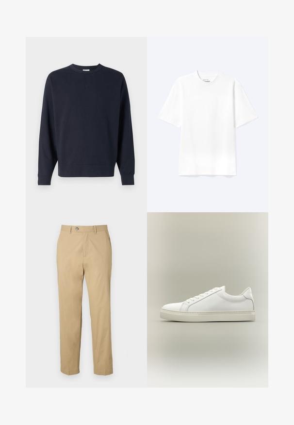 Sudadera azul marino hecha de algodón, con cuello redondo, mangas largas, puños de canalé y un diseño sencillo sin gráficos visibles.; Camiseta lisa blanca de manga corta y cuello redondo con un corte relajado, mostrada sobre un fondo claro.; Pantalones beige de mezcla de algodón con un diseño de pierna recta, bolsillos frontales y cierre de botón. Textura suave y dobladillos con puños.; Zapatilla blanca de perfil bajo con cordones en la parte delantera y suela gruesa, mostrada de lado sobre un fondo neutro.
