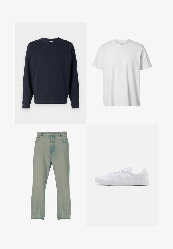 Dunkelblaues Sweatshirt aus Baumwolle mit Rundhalsausschnitt, langen Ärmeln, gerippten Bündchen und einem einfachen Design ohne sichtbare Grafiken.; Schlichtes weißes T-Shirt mit kurzen Ärmeln und Rundhalsausschnitt, lässiger Passform und ohne sichtbare Logos oder Designs auf der Vorderseite.; Hellblaue Jeans mit geradem Bein, auf der Vorderseite mit Knöpfen, Gürtelschlaufen und vorderen Taschen, vor weißem Hintergrund präsentiert.; Weiße Leinenschuhe mit Gummisohle, ausgestattet mit sechs Ösen, einer strukturierten Zehenkappe und minimalistischer Gestaltung.