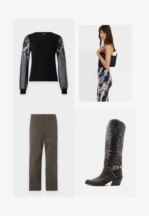 Top negro de manga larga con cuerpo de punto sólido y mangas de malla texturizada transparente que presentan bordados florales y un patrón a rayas en los puños.; Good American CROPPED PANTS - Pantalones cargo - fatigue; Bota cowboy de cuero negro con recortes decorativos, hebilla plateada y tacón inclinado, presentada sobre fondo blanco.; Bolso de hombro negro acolchado con una sola correa y herrajes plateados, combinado con un vestido ajustado de patrón tie-dye en tonos de negro y crema.