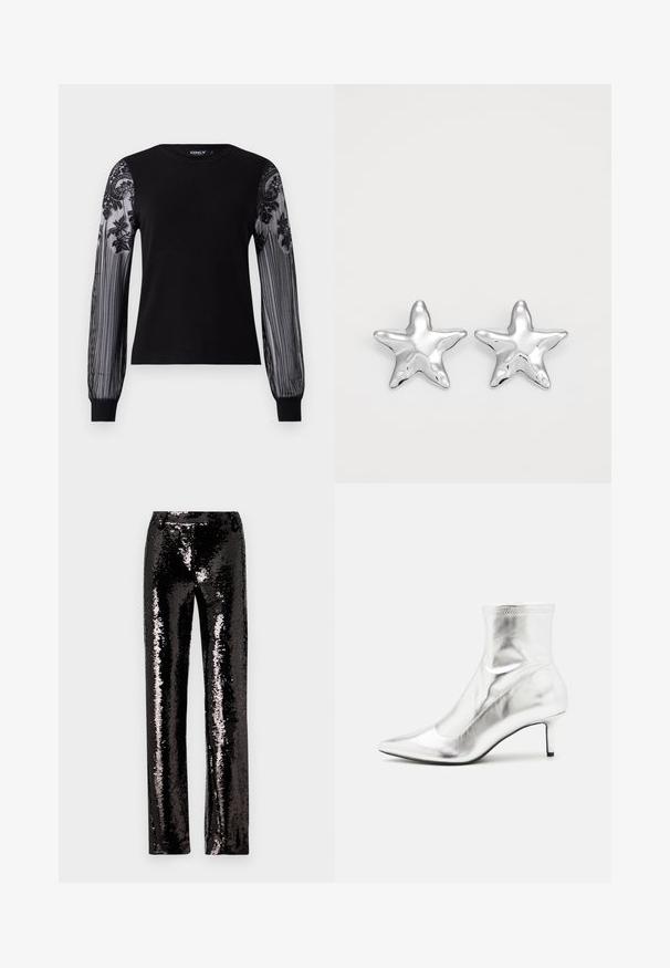 Haut noir à manches longues avec un corps en tricot uni et des manches en maille transparente texturée ornées de broderies florales et d'un motif rayé au niveau des poignets.; Pantalons noirs en sequins avec une coupe droite, présentant une texture brillante et une surface scintillante qui reflète la lumière. Pas de fermetures visibles.; Bottine métallique argentée avec un bout pointu et un talon fin. Présente un ajustement snug et une texture lisse et brillante. Accent de couture en haut.; Boucles d'oreilles argentées en forme d'étoile, avec une surface lisse et brillante. Chaque boucle d'oreille possède cinq pointes et des détails subtils de texture de surface.