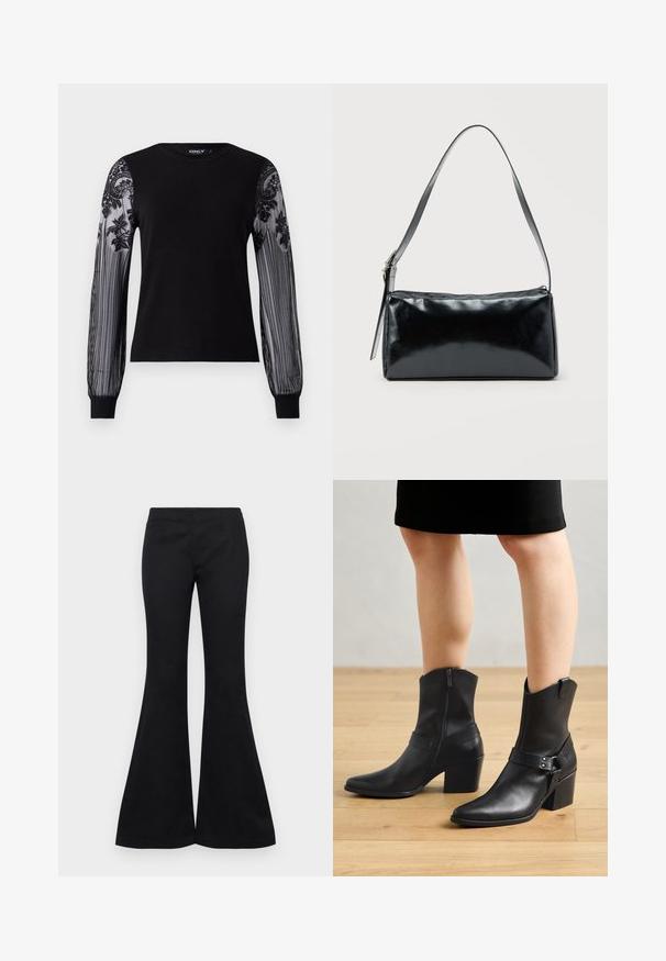 Top negro de manga larga con cuerpo de punto sólido y mangas de malla texturizada transparente que presentan bordados florales y un patrón a rayas en los puños.; Pantalones de campana negros feitos de un tejido suave, con un corte ajustado en la parte superior y piernas anchas, sin adornos ni bolsillos visibles.; Botines de cuero negro con punta afilada, cierre de cremallera, tacón curvado y una correa decorativa con detalles metálicos.; Bolso de hombro rectangular negro con una correa ajustable y un cierre de cremallera superior sobre un fondo liso.