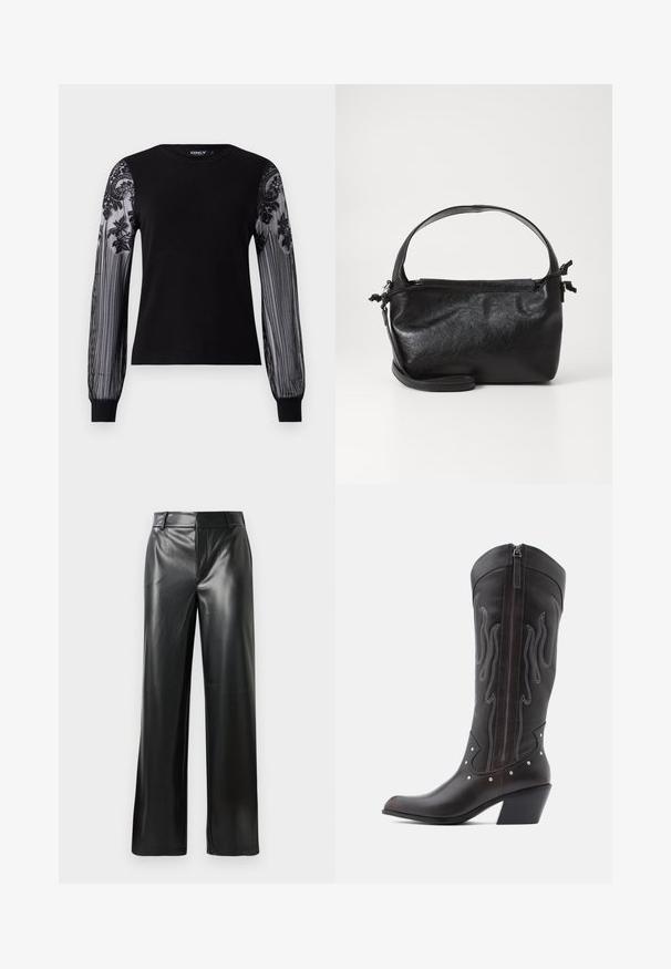 Haut noir à manches longues avec un corps en tricot uni et des manches en maille transparente texturée ornées de broderies florales et d'un motif rayé au niveau des poignets.; Pantalons large en cuir noir avec une texture lisse, dotés d'une taille mi-haute et de légères plis sur le devant.; Bottes de cowboy en cuir marron avec surpiqûres en forme de flammes, fermeture éclair latérale, clous argentés, bout pointu et talon superposé.; Sac à main en cuir noir au design structuré, avec une poignée arrondie et une bandoulière amovible. Présente une texture lisse et un éclat subtil.