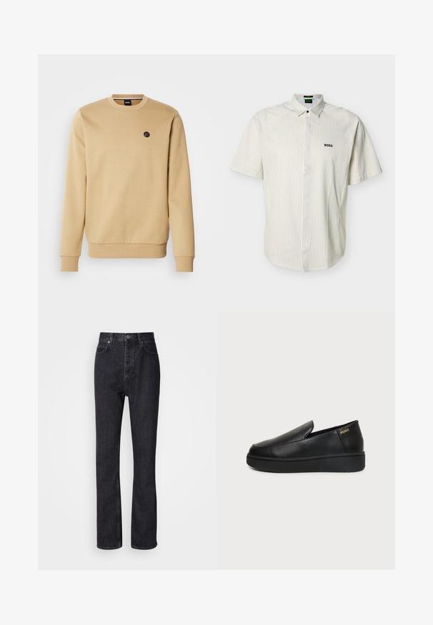 Sweat-shirt beige avec col rond, poignets côtelés et ourlet inférieur. Comprend un petit patch logo noir sur la poitrine gauche. Tissu au toucher lisse.; Chemise à manches courtes avec col, rayures beiges, fermeture par boutons et logo "BOSS" brodé sur la poitrine gauche.; Jean en denim noir taille haute avec fermeture à bouton et à glissière, poches avant et arrière, et coupe droite.; Chaussure noire en cuir à enfiler avec semelle épaisse et petits trous de ventilation latéraux, avec un logo doré "HUGO" près du talon.