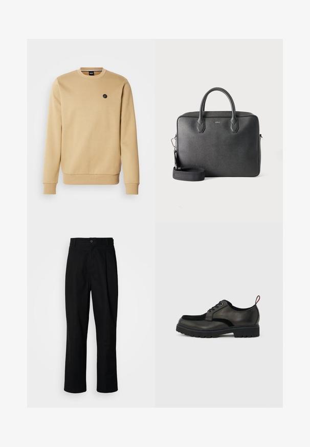 Sweat-shirt beige avec col rond, poignets côtelés et ourlet inférieur. Comprend un petit patch logo noir sur la poitrine gauche. Tissu au toucher lisse.; Pantalons noirs à jambes droites avec une taille à bouton, passants de ceinture et pli avant, présentés sur un fond blanc uni.; Chaussure noire en cuir à lacets avec semelle épaisse crantée et languette rouge à l'arrière, vue de profil sur un fond gris clair.; Serviette en cuir noire avec deux poignées supérieures, bandoulière détachable et petit logo BOSS centré à l'avant sur fond uni.
