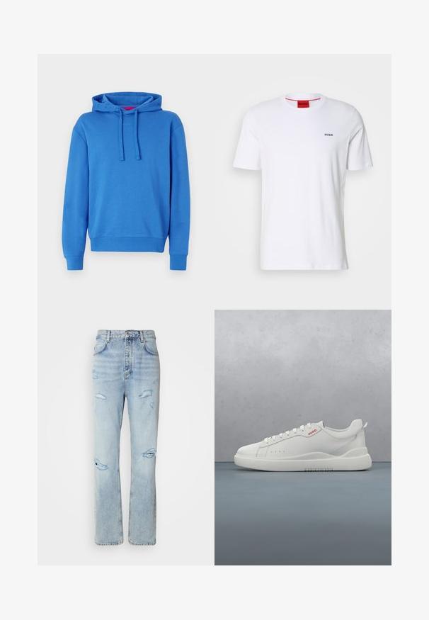 Blaues Hoodie aus Baumwollmischung mit Kapuze mit Kordelzug, gerippten Bündchen und Saum. Hat ein dezentes Logo auf der Vorderseite. Glatte Textur.; Weißes Baumwoll-T-Shirt mit kurzen Ärmeln, Rundhalsausschnitt und kleinem schwarzen "HUGO"-Logo auf der linken Brust. Verfügt über ein rotes Etikett im Nacken.; Hellblaue Jeans mit legerer Passform, featuring distressed Stellen und fransigen Kanten. Der Stoff hat eine weiche, glatte Textur.; Weiße Sneaker aus glattem Leder, runde Spitze, vier Ösen, dezente Perforationen und ein rotes Logodetail an der Seite.