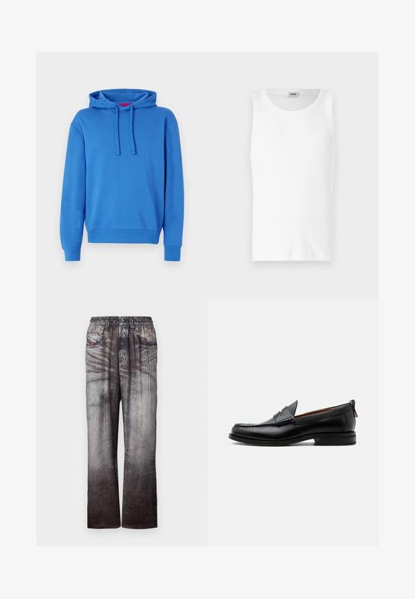 Blauwe hoodie van een katoenmix met een capuchon met trekkoord, ribgebreide manchetten en zoom. Voorzien van een subtiele logo op de voorkant. Effen textuur.; Witte katoenen mouwloze tanktop met een ronde halslijn en een gladde textuur. Eenvoudig ontwerp, geen patronen of accenten.; Denim broek met een vervaagde blauw naar grijs gradient, elastische tailleband en voorkruiken. Heeft een gestructureerde afwerking met subtiele stiksels.; Zwarte leren herensloffen met moc toe stiksel, pennyriem, gestructureerde kraag en lage gestapelde hak op witte achtergrond.