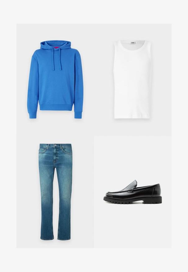 Sudadera azul de mezcla de algodón con capucha ajustable, puños y dobladillo acanalados. Presenta un logo sutil en la parte delantera. Textura suave.; Camiseta sin mangas de algodón blanco con cuello redondo y una textura suave. Diseño sencillo, sin patrones ni acentos.; Vaqueros de mezclilla azul con corte recto, con un acabado desgastado, ligero deterioro en las rodillas y diseño clásico de cinco bolsillos.; Mocasín de cuero negro con suela de goma gruesa, empeine cosido y nombre de la marca en relieve en el talón, mostrado en perfil lateral sobre fondo blanco.
