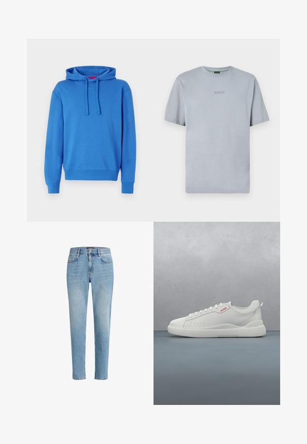 Blaues Hoodie aus Baumwollmischung mit Kapuze mit Kordelzug, gerippten Bündchen und Saum. Hat ein dezentes Logo auf der Vorderseite. Glatte Textur.; Himmelblaues, kurzärmeliges T-Shirt aus weichem Stoff mit Rundhalsausschnitt. Mit gesticktem "BOSS"-Logo auf der Brust.; Hellblaue Denim-Jeans mit einem lässigen Schnitt, Fünf-Taschen-Design und dezenten Abnutzungserscheinungen. Mit einem Markenpatch nahe der Taille.; Weiße Sneaker aus glattem Leder, runde Spitze, vier Ösen, dezente Perforationen und ein rotes Logodetail an der Seite.