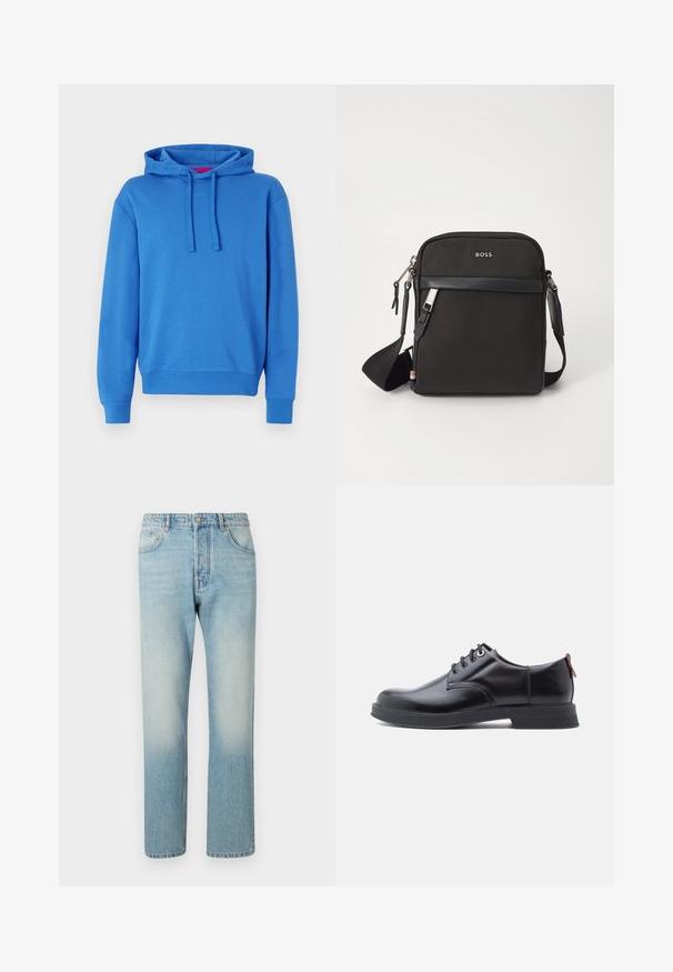 Blauwe hoodie van een katoenmix met een capuchon met trekkoord, ribgebreide manchetten en zoom. Voorzien van een subtiele logo op de voorkant. Effen textuur.; Lichtblauwe jeans van denim, met een rechte pijpdesign, vijf zakken en een vervaagde was-effect op de dijen.; Zwarte leren veter schoenen met een gladde textuur, ronde neus en subtiel stiksel detail. Voorzien van een rode trekband op de hiel.; Zwarte schoudertas van textuurstof, met logo aan de voorkant, ritssluiting en verstelbare schouderband. Voorzien van een gladde leren rand.