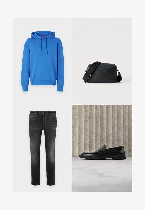 Sudadera azul de mezcla de algodón con capucha ajustable, puños y dobladillo acanalados. Presenta un logo sutil en la parte delantera. Textura suave.; Jeans de mezclilla negros de corte slim, con desvanecidos y leve desgaste cerca de la rodilla, cinco bolsillos y cierre estándar de botón y cremallera.; Zapato loafer de cuero negro pulido flotando sobre una alfombra beige con muebles translúcidos naranjas de fondo.; Bolso bandolera negro de cuero texturizado con bolsillo frontal con cremallera y correa de hombro ancha de tela ajustable sobre fondo blanco.